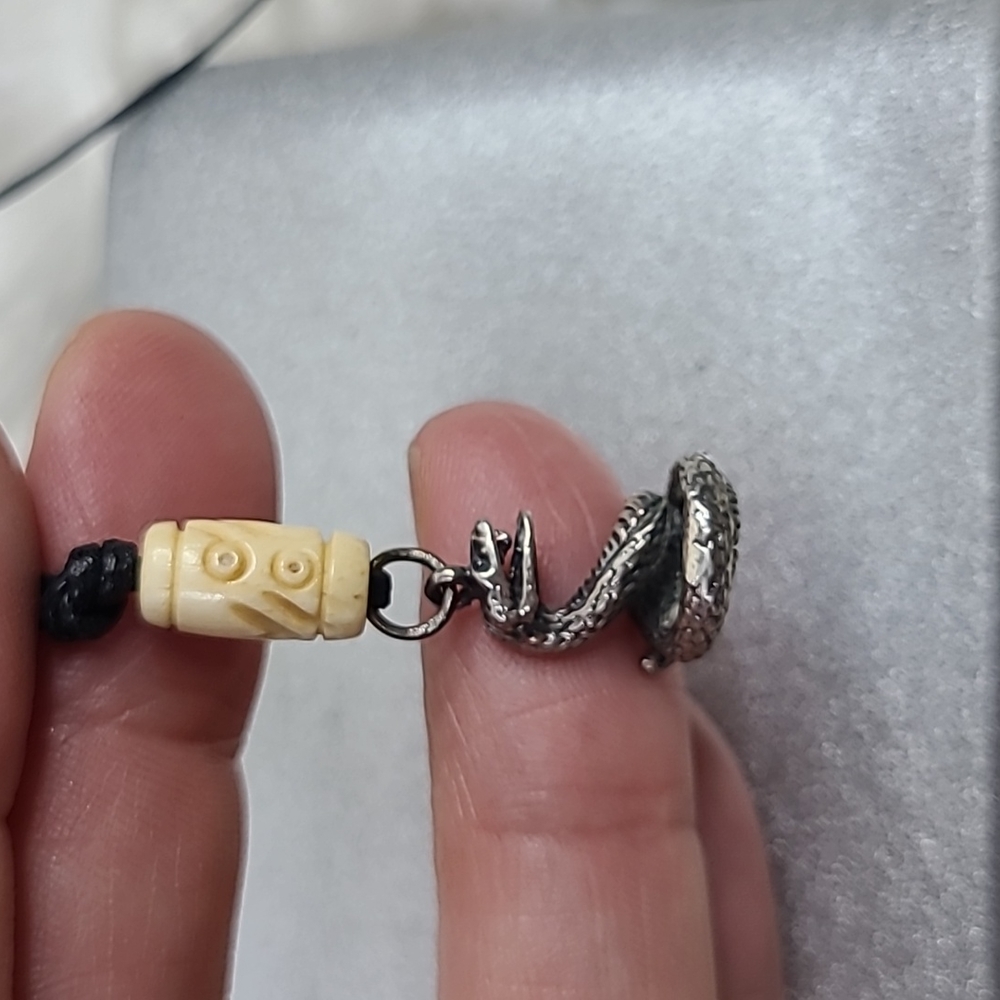 Men's Necklace Cobra Charm Sterling Silver Black Beige Eclectic Gift Handmade